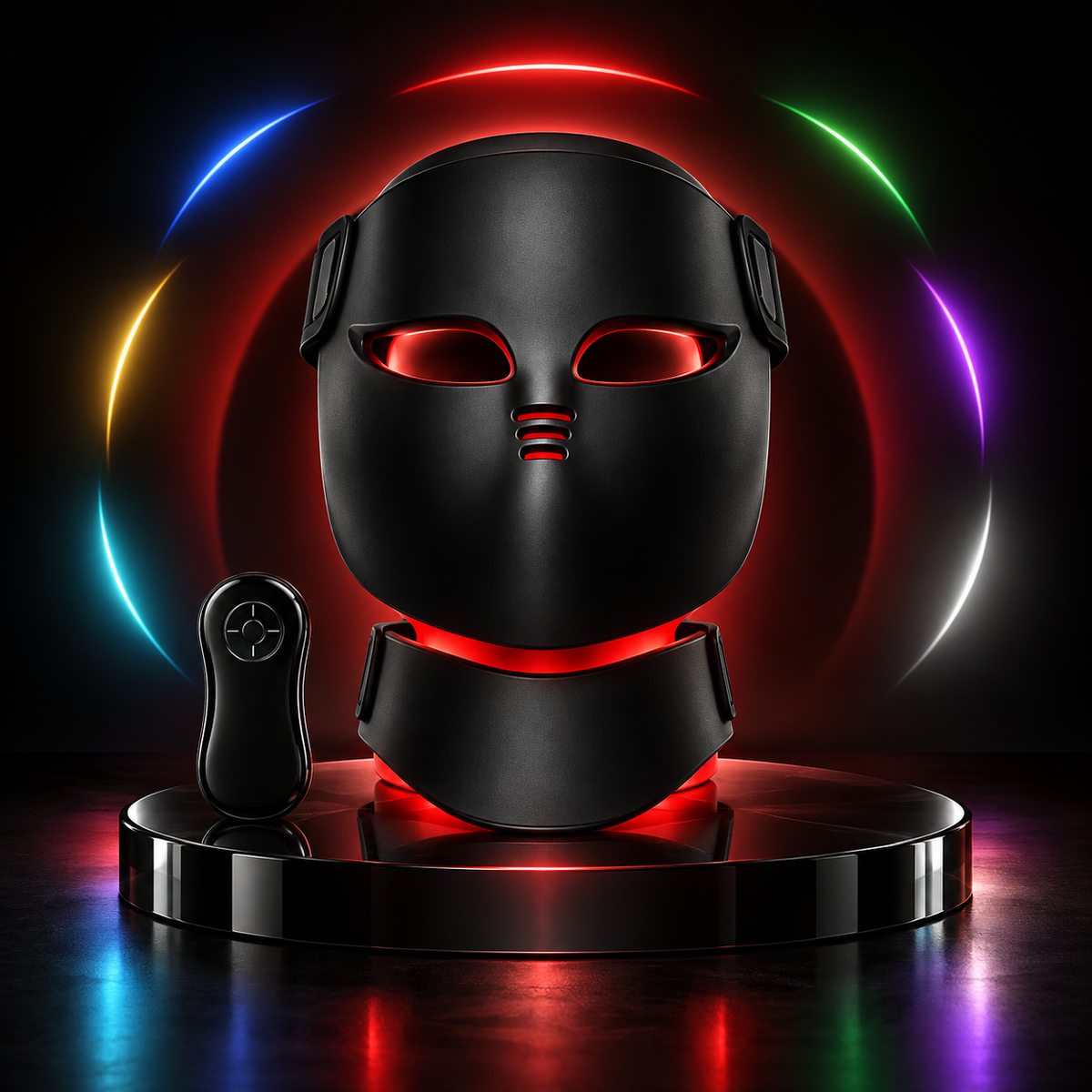 SpectrumFlex LED face and neck mask lit red on a display stand with its controller