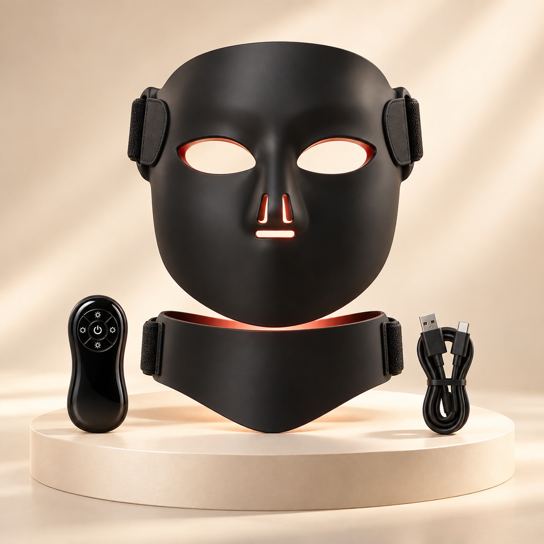 SafiGlow SpectrumFlex red and near-infrared LED face mask with neck panel and remote controller