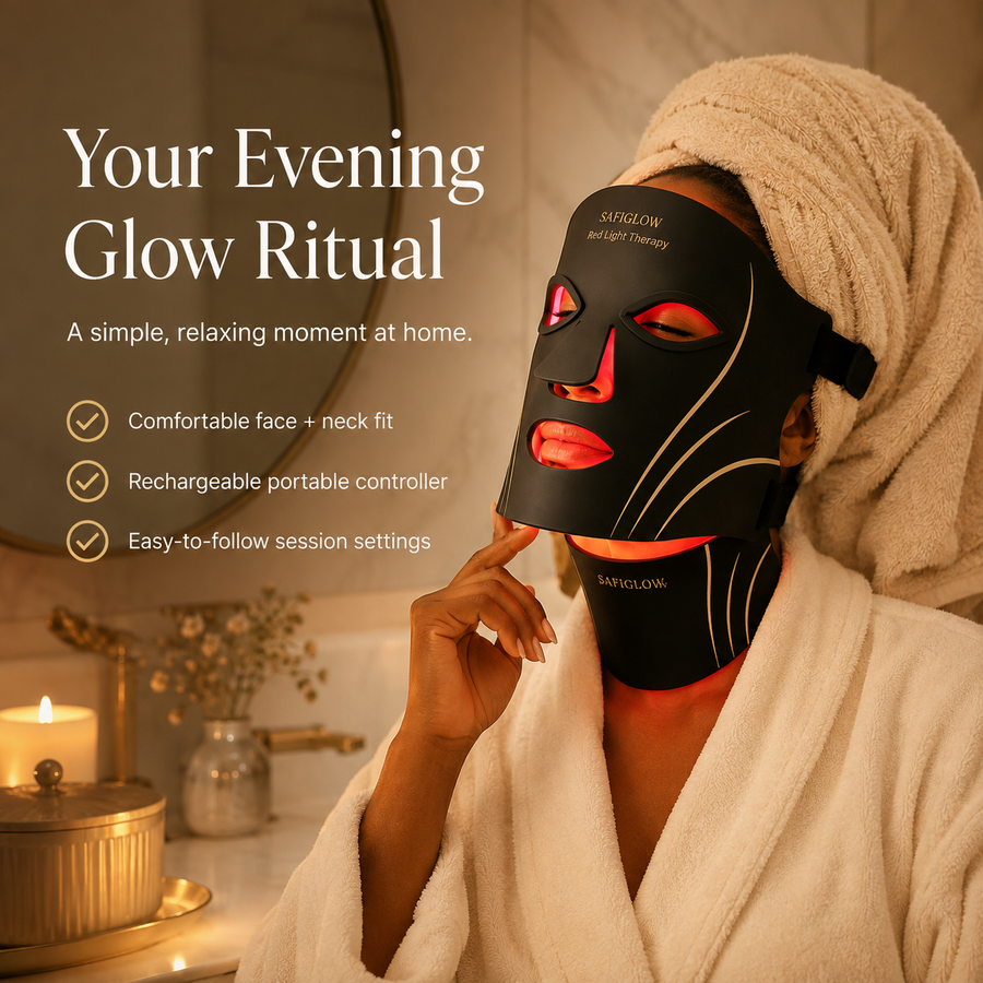Woman relaxing with a SafiGlow Flex LED face and neck mask, a Christmas gift idea for an evening glow ritual