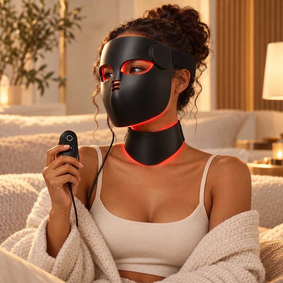 Woman relaxing on a sofa wearing the SpectrumFlex LED face and neck mask, holding the handheld controller
