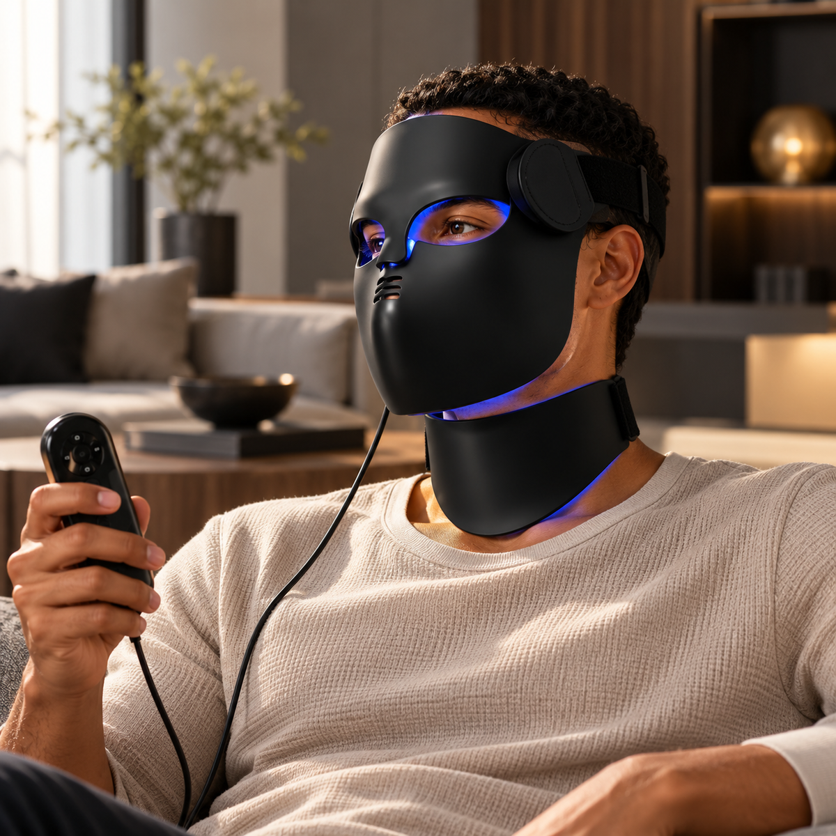 
Man relaxing on a couch wearing the SpectrumFlex LED face and neck mask with the controller in hand