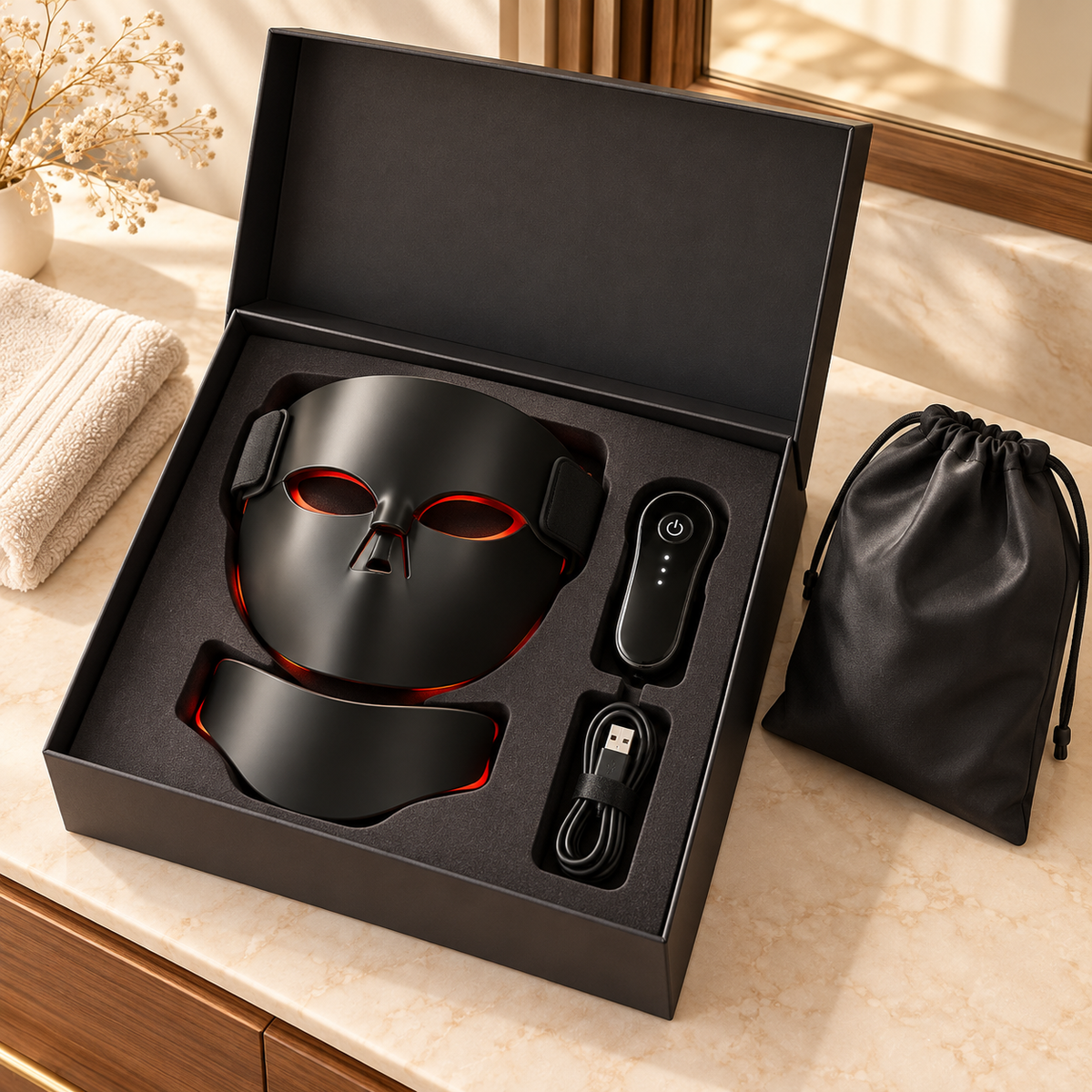 SafiGlow SpectrumFlex gift box with face mask, neck panel, controller and black storage pouch