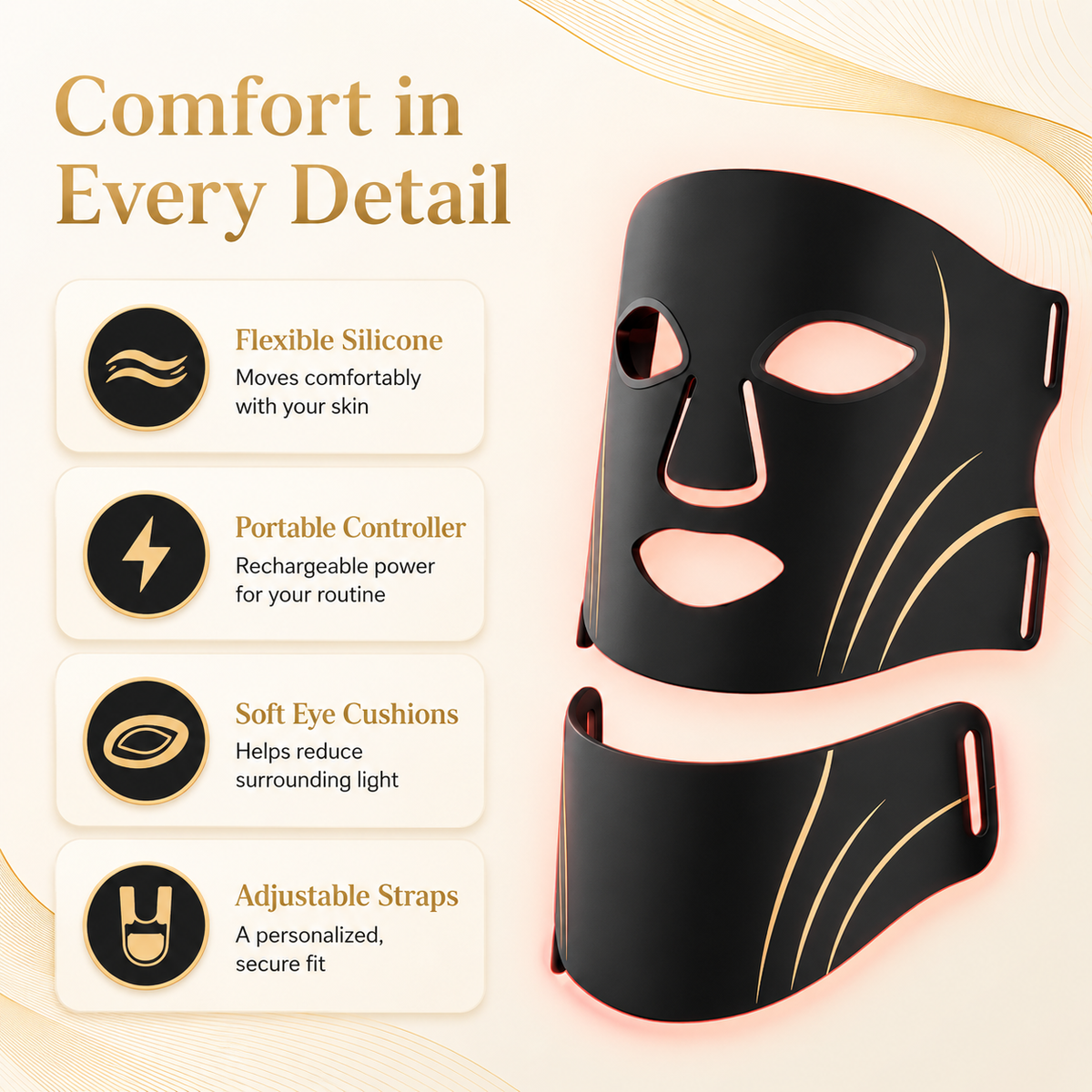 SafiGlow Flex comfort details: flexible silicone, portable controller, soft eye cushions, adjustable straps