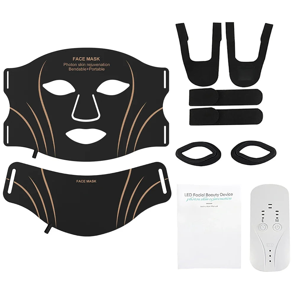 
Glow Duo Gift Set in black: each set includes Flex face mask, neck panel, straps, eye inserts, manual and controller