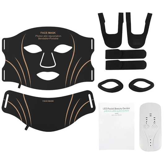 Glow Duo Gift Set in black: each set includes Flex face mask, neck panel, straps, eye inserts, manual and controller — alternate view