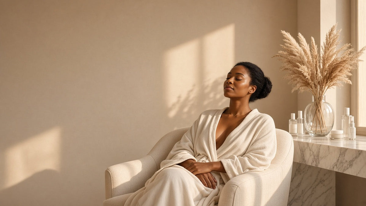 A woman relaxing with eyes closed in a cream armchair beside a marble vanity in warm evening light