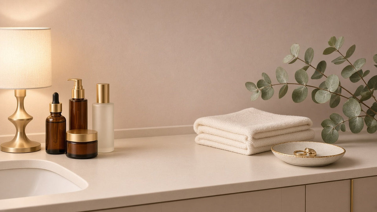 A calm ivory vanity with skincare bottles, a folded towel and eucalyptus under a warm lamp